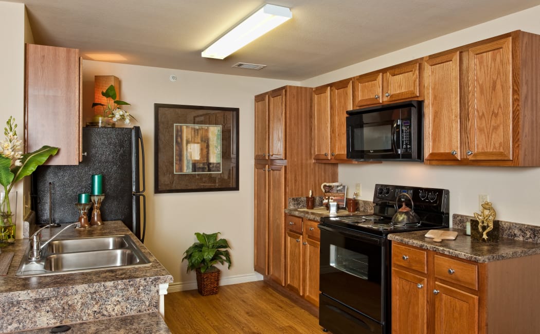 Gourmet kitchen with granite countertops and black appliances in model home at Springmarc Apartments in San Marcos, Texas
