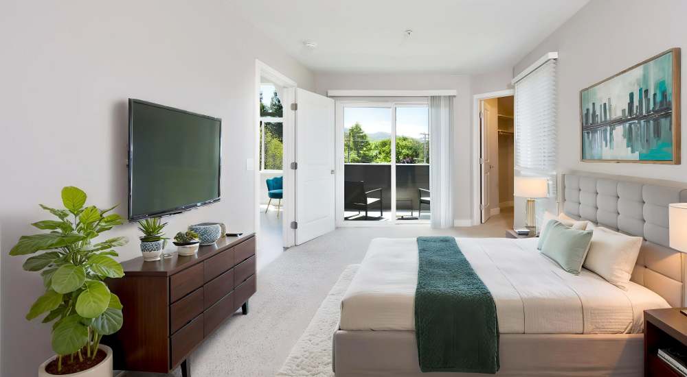 Specious bedroom with walk-in closet and private balcony at Bridgecreek Apartments in Novato, California