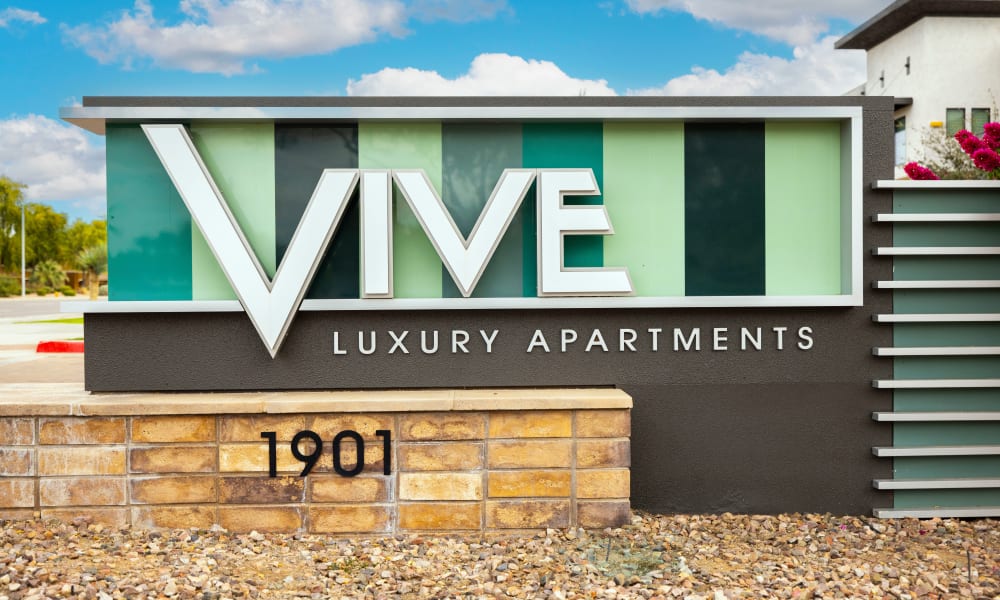 Property welcome signage at  Vive in Chandler, Arizona