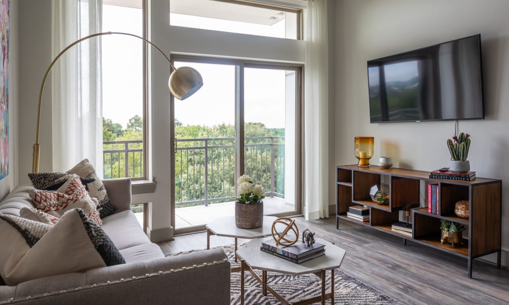 Model living room at Bellrock Summer Street in Houston, Texas