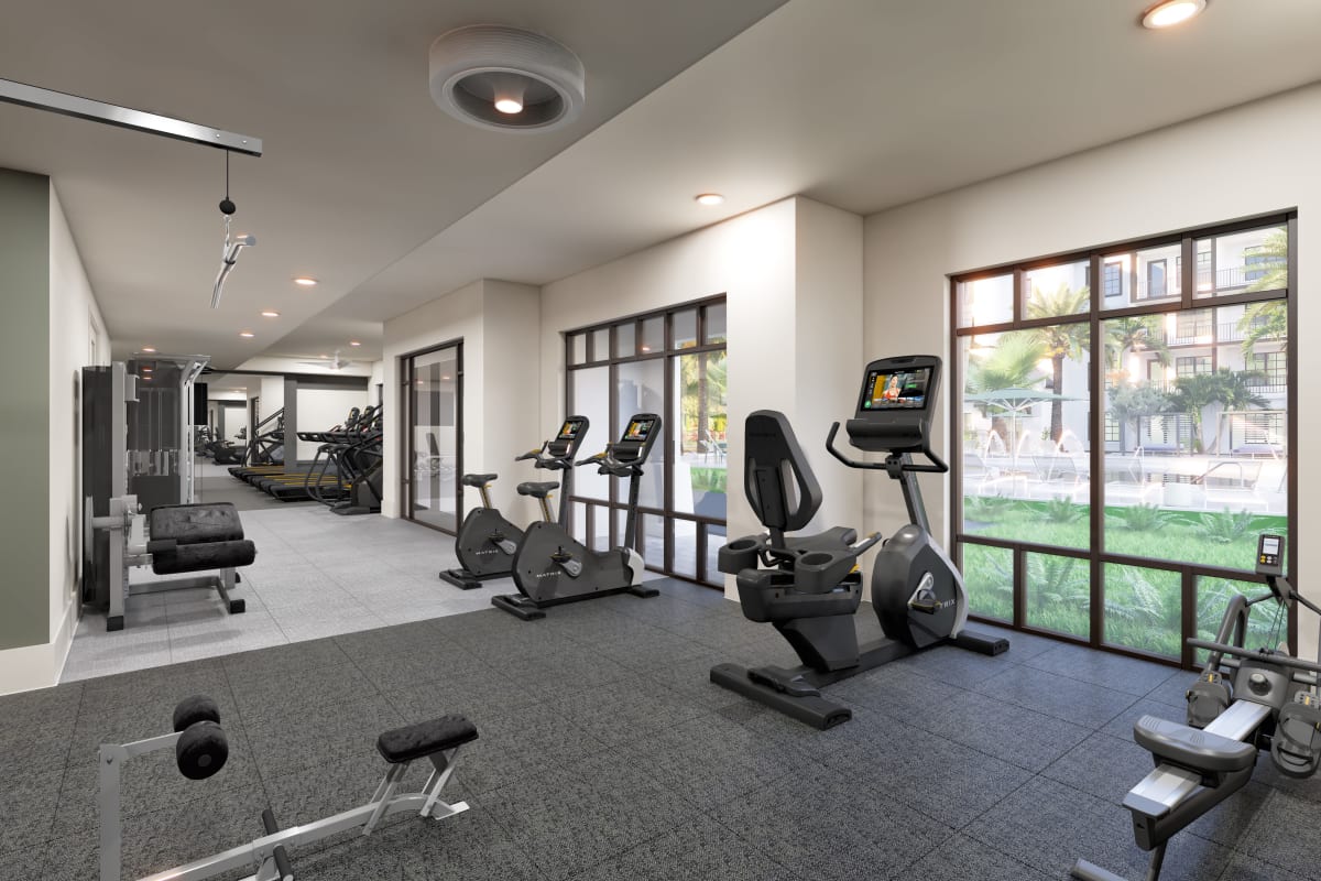 The interiors of the fitness center at Indigo Stuart in Stuart, Florida