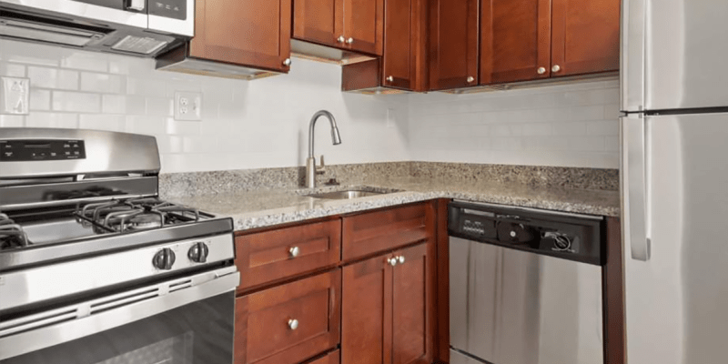 Model kitchen at Tuscany Woods Apartments in Windsor Mill, Maryland