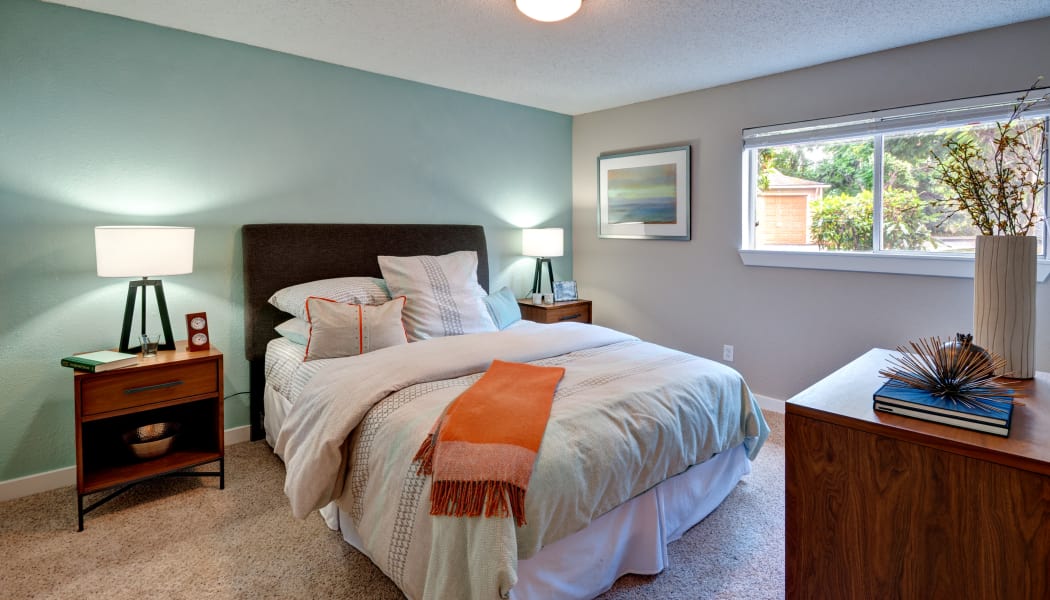 Spacious and bright master bedroom in model home at StonePointe in University Place, WA