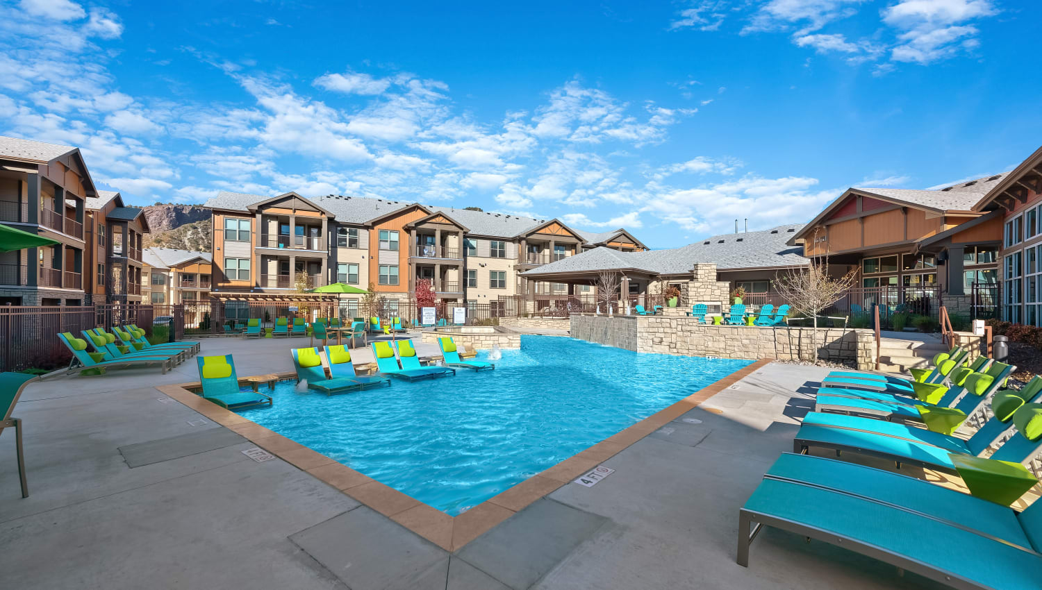 Beautiful pool with fountains at Rocket Pointe in Durango, Colorado
