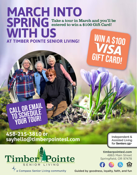 Monthly special flyer for Timber Pointe Senior Living in Springfield, Oregon