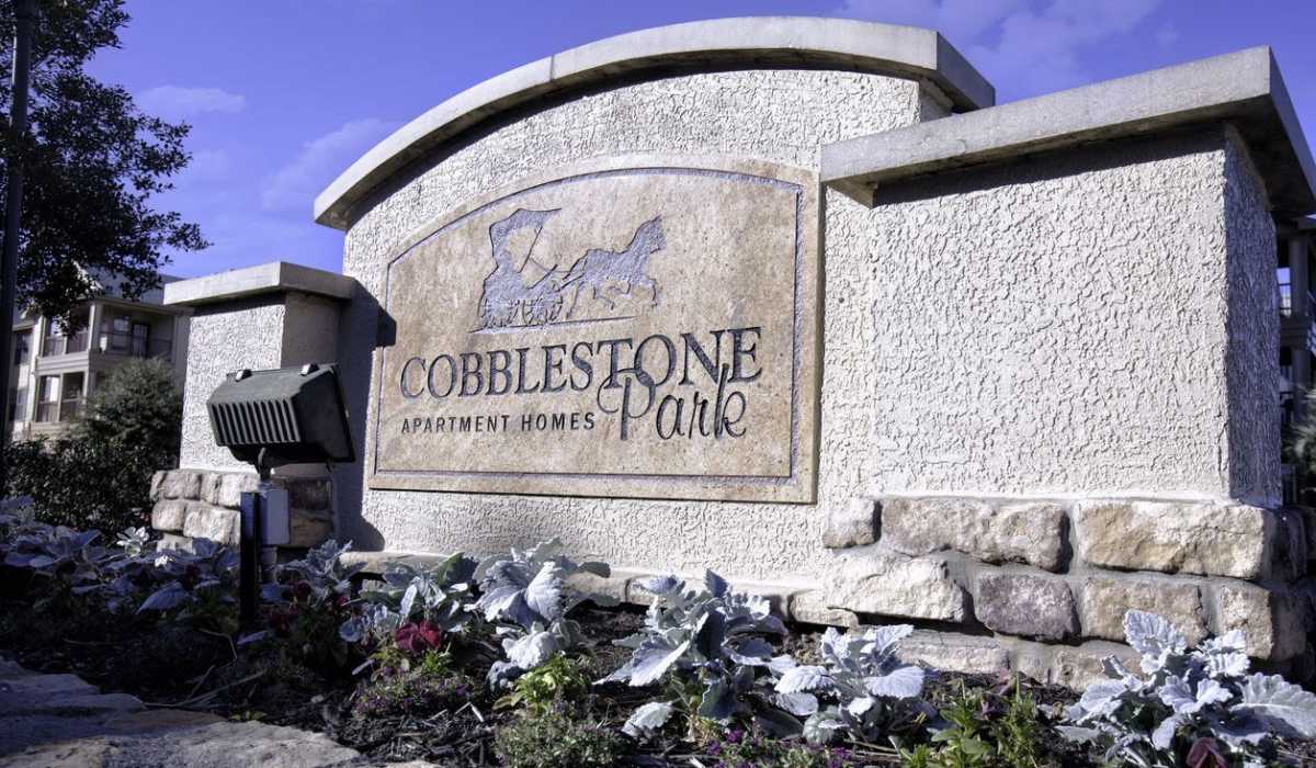 Community signage at Cobblestone Park in Manvel, Texas