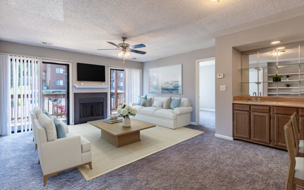 Beautiful living room at Riverwind Apartment Homes in Spartanburg, South Carolina.