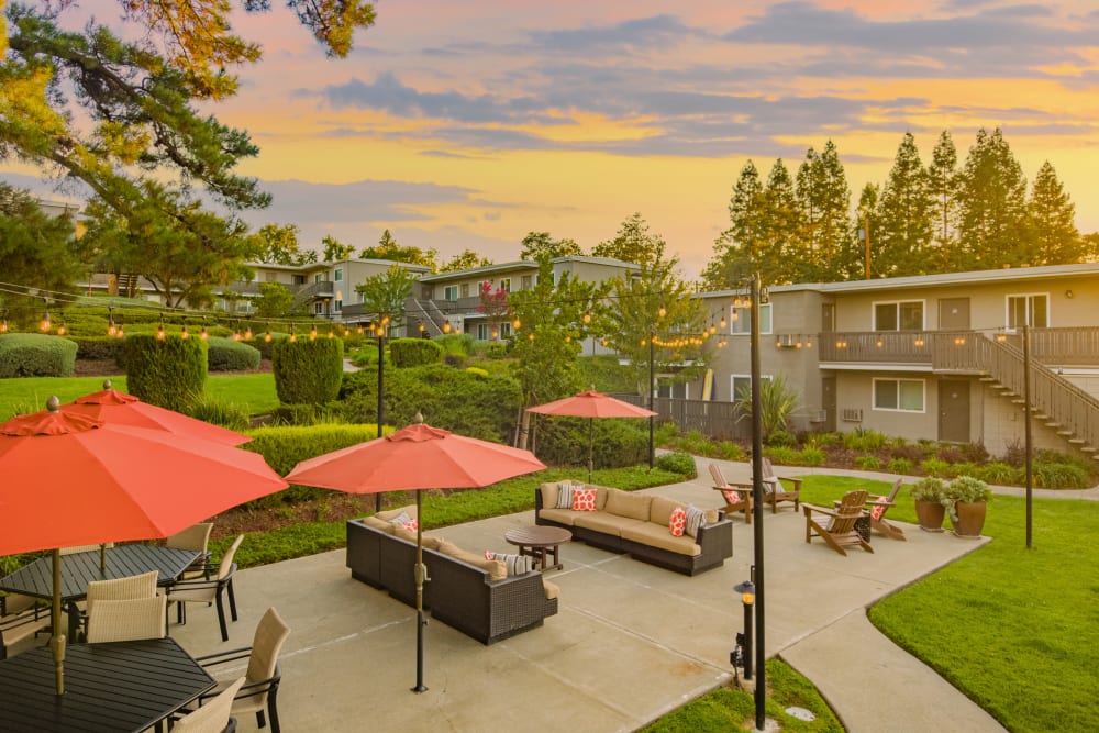 Outdoor lounge during beautiful sunset at Pleasanton Heights in Pleasanton, California