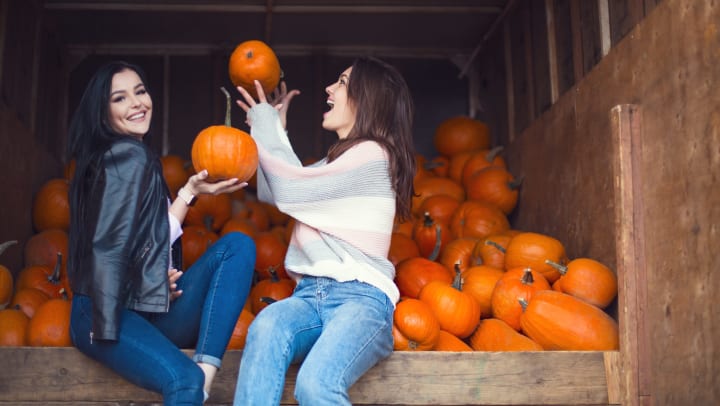 Two young women sitting in a pile of pumpkins near Olympus Northpoint
