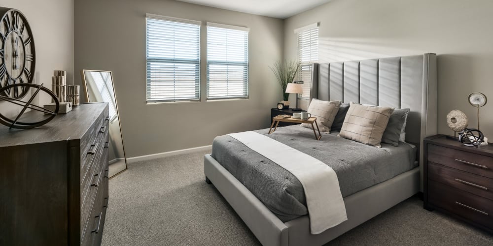 Cozy bedroom with carpeted floors in a model home at BB Living at Light Farms in Celina, Texas