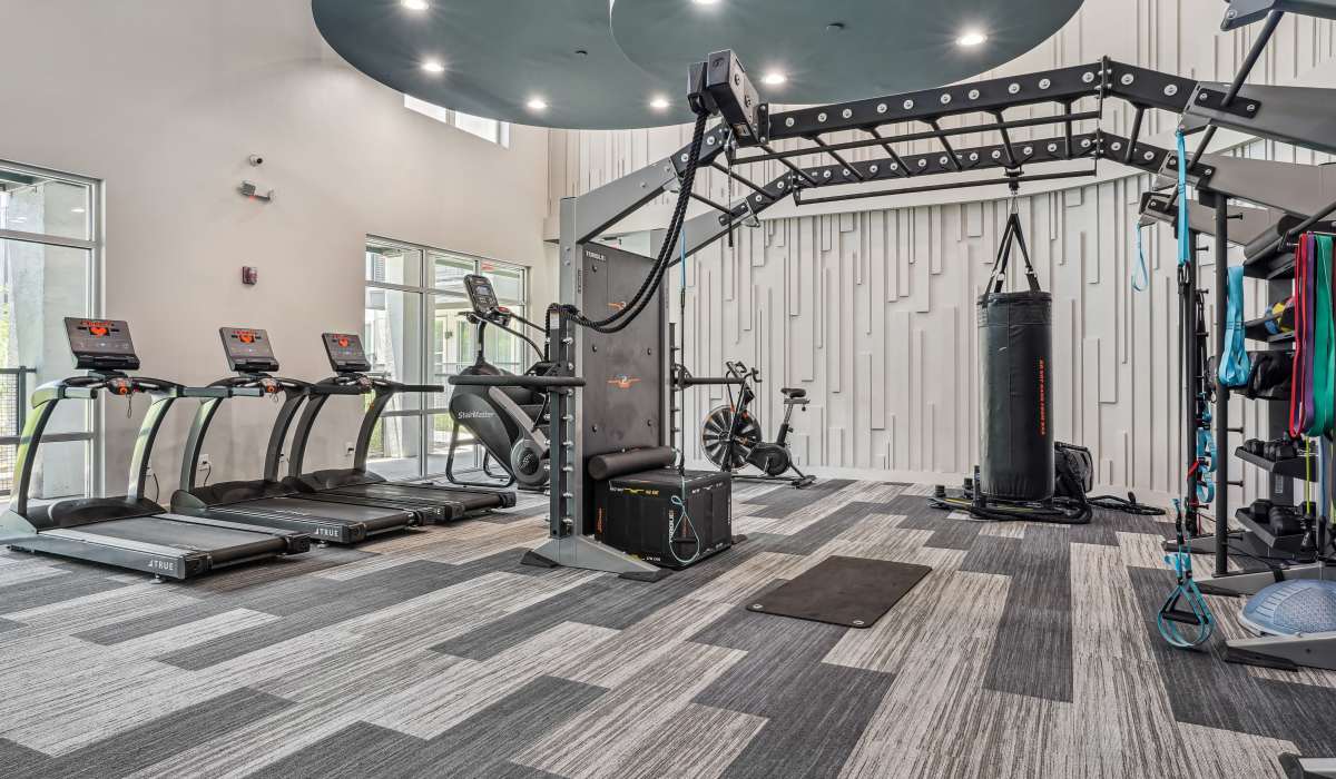 Fully-equipped gym with treadmills, weight machines, and large windows at Archer Medical District in Dallas, Texas