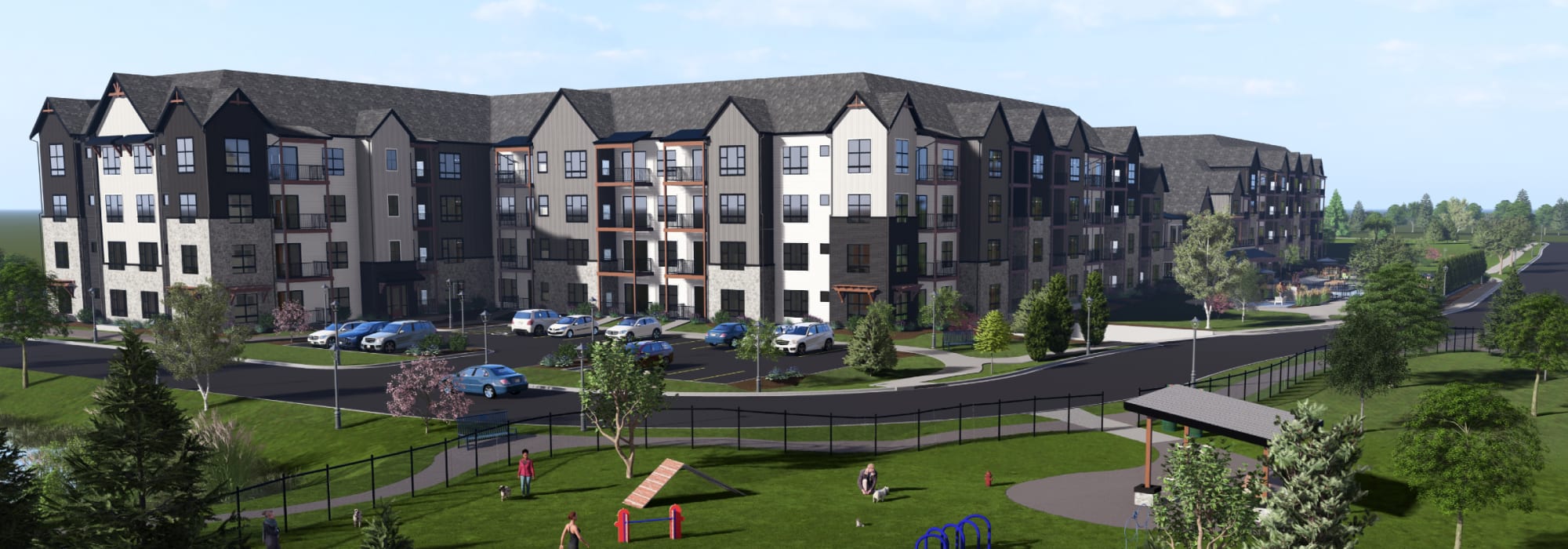 Exterior view of the apartment with children play area at Farmstead on Falls in Grafton, Wisconsin