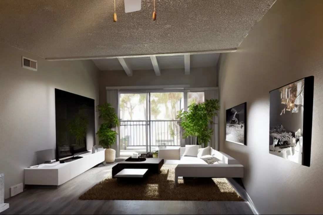 Chatsworth, CA Apartments Near Topanga Shopping Mall - Waterstone At Chatsworth Apartment - Modern Living Room With Wood-Style Flooring and Direct Access To Patio