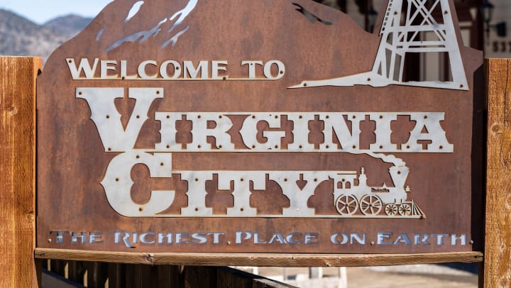 A welcome to Virginia City sign in Virginia City, Nevada