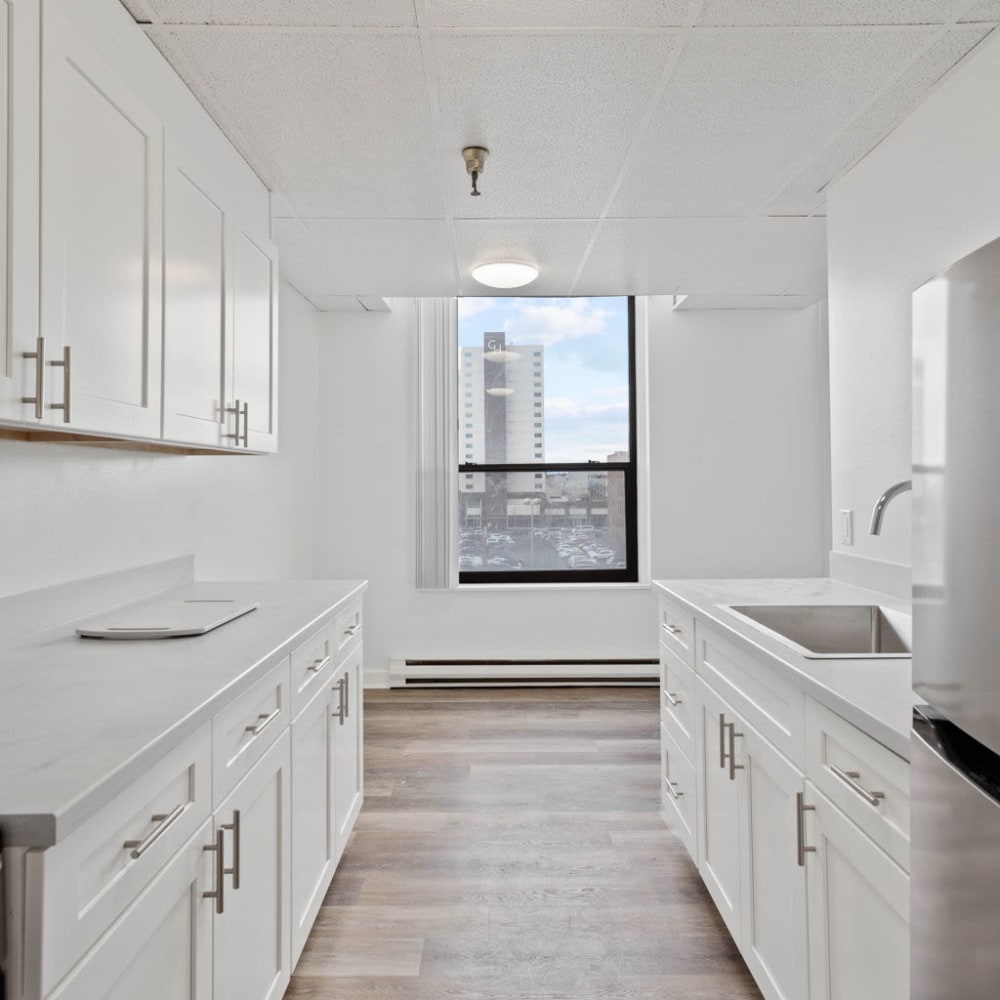 Updated kitchen with new finishes at Coeur D'Alene Plaza in Spokane, Washington