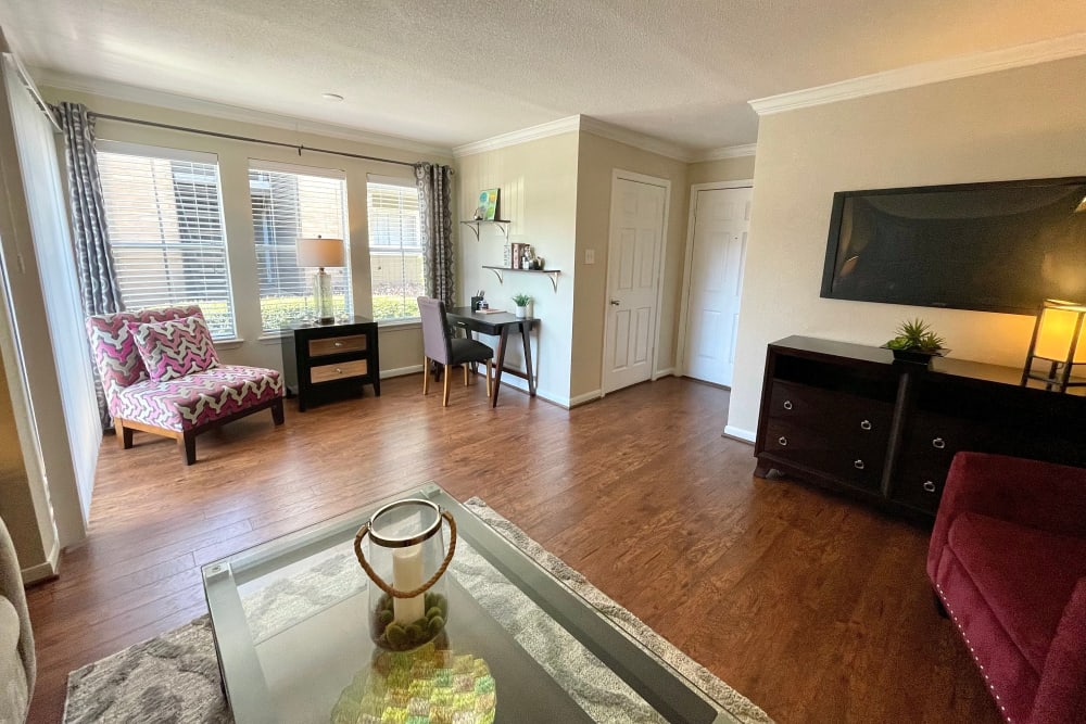 Spacious living room at The Abbey at Conroe in Conroe, Texas