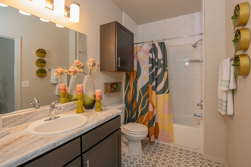 Clean master bathroom at Bend at New Road Apartments in Waco, Texas