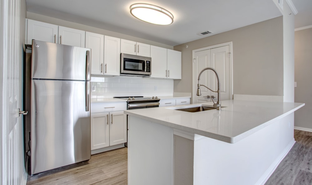 Quartz countertops and stainless-steel appliances in a model home's kitchen at Riata Austin in Austin, Texas