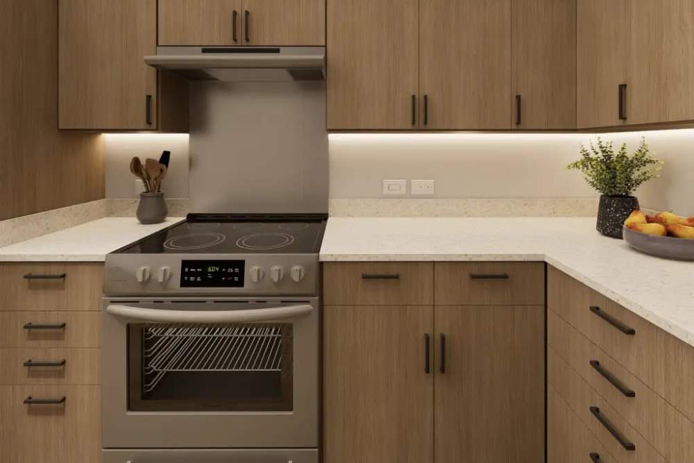 Kitchen with wooden cabinets at The Acacia in Palo Alto, California