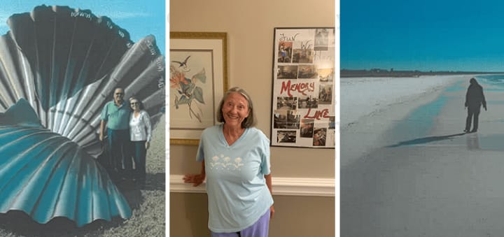 Three images with Carri Geczy, one with husband with large shell sculpture on the beach, one at Mathison, and one of shell hunting on the beach
