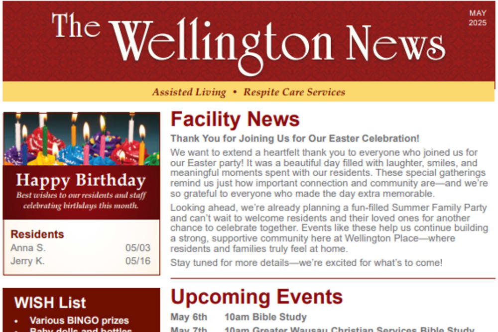 May 2025 Newsletter at Wellington Place at Rib Mountain in Wausau, Wisconsin