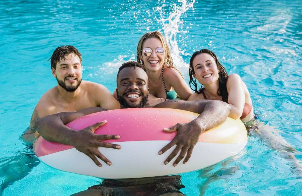Residents in the pool at Mountain Breeze Villas in San Bernardino, California