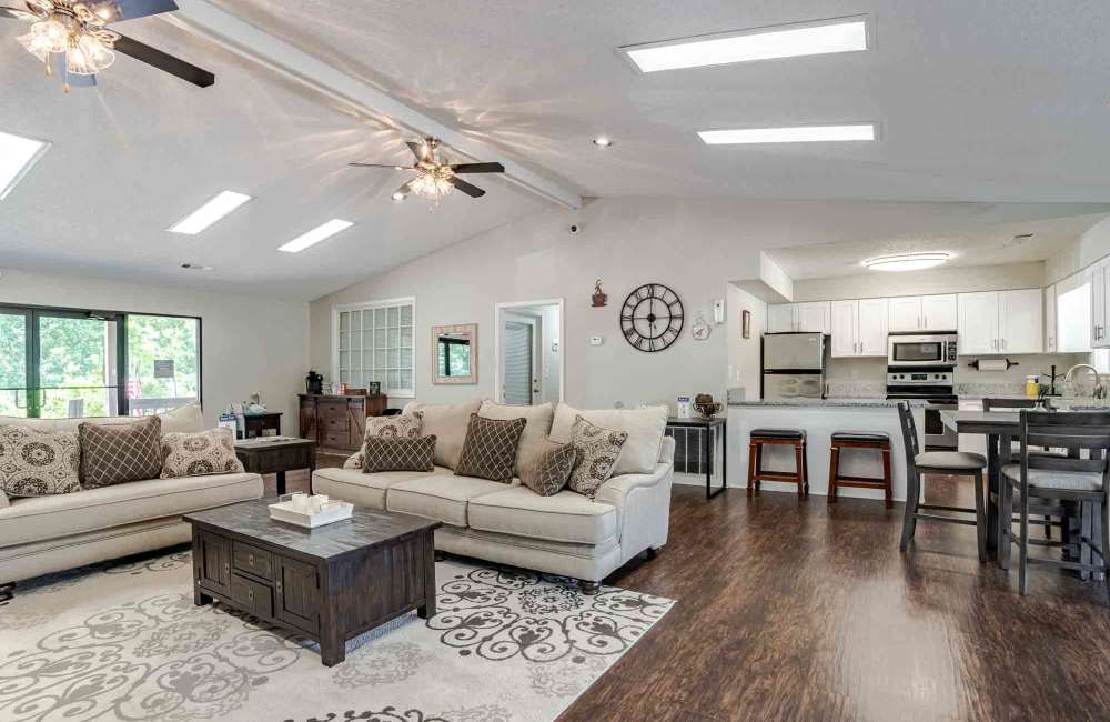Beautiful resident clubhouse with a kitchen at Riverwind Apartment Homes in Spartanburg, South Carolina
