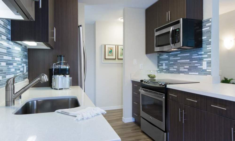 Kitchen with quartz countertop at Belmont Glen Residences in Belmont, California