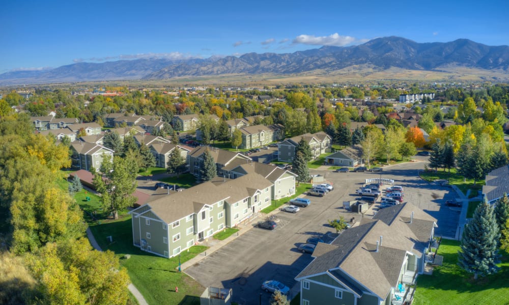 Aerial view of Mountain View Apartments offering a garden style community in Bozeman, Montana