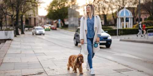 Resident walking with dog near Mission Pointe in Jacksonville, Florida