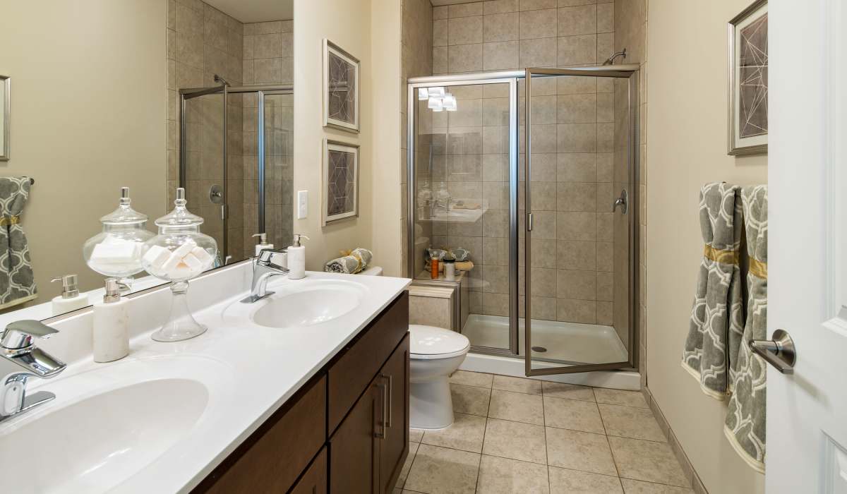 Bathroom with walking shower at One Glastonbury Place in Glastonbury, Connecticut