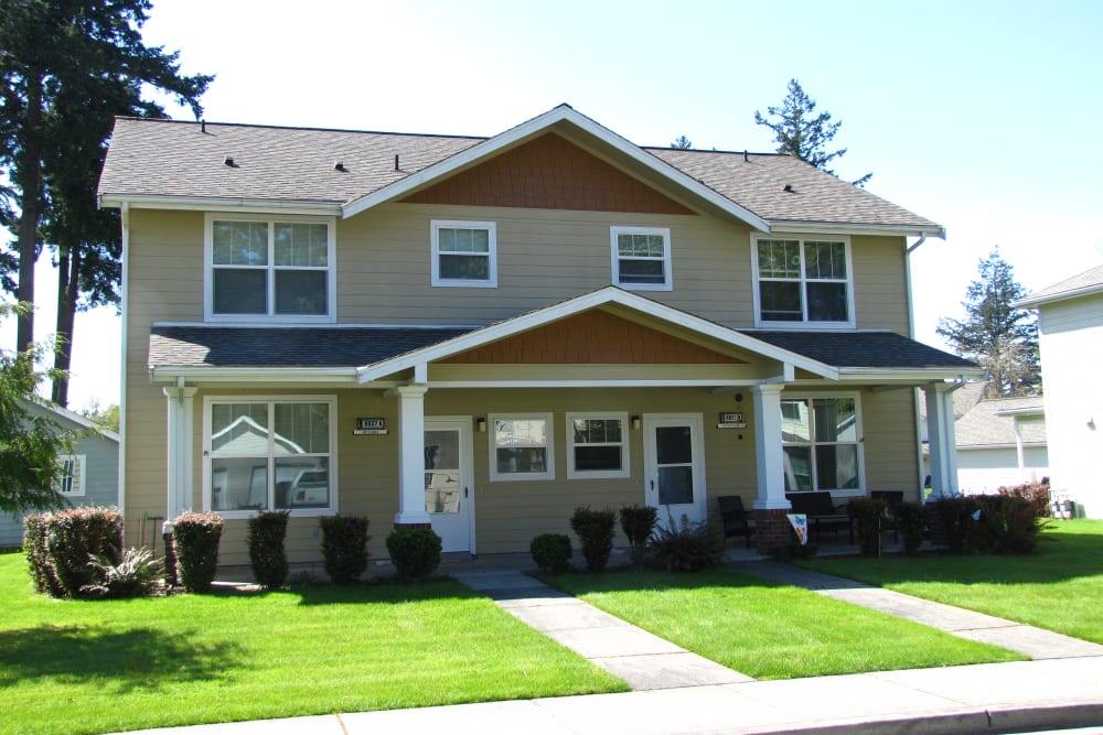 Front entrances to a duplex home at Beachwood North in Joint Base Lewis-McChord, Washington