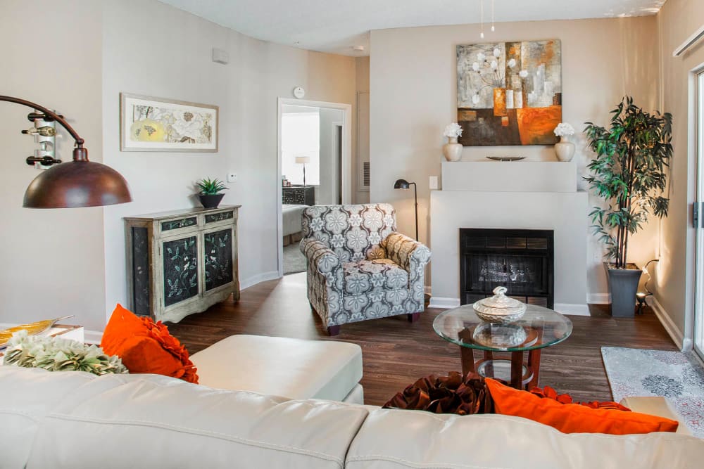 Well-furnished living space in an open-concept model home at The Seasons at Umstead in Raleigh, North Carolina