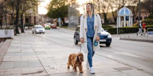 Resident taking her dog for a walk near Villas At Millbrook in Fresno, California
