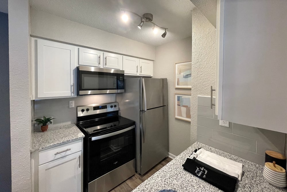 Enjoy luxury apartments with modern kitchen appliances at The Abbey at Energy Corridor in Houston, Texas