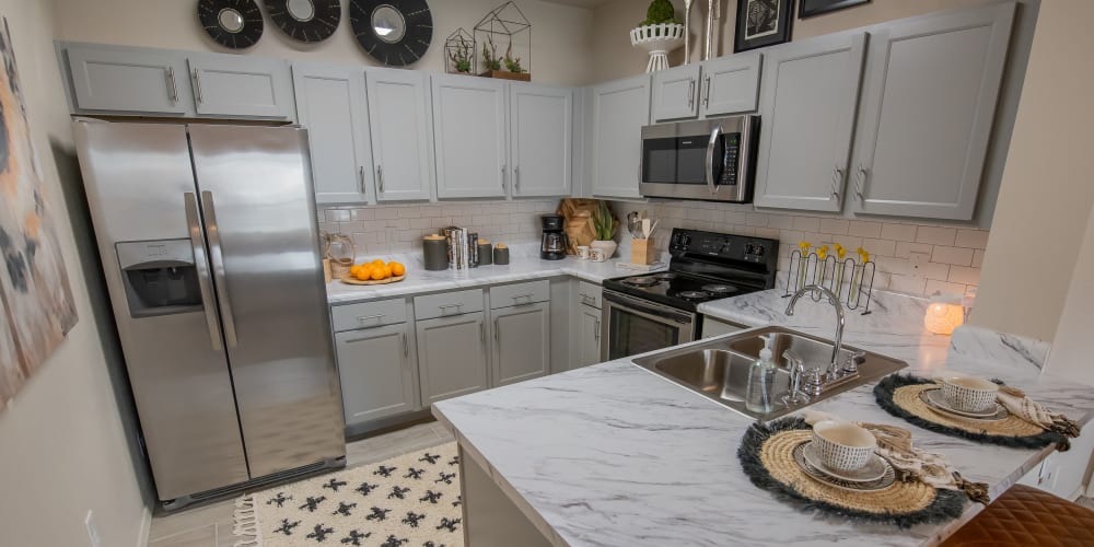 Stainless-steel kitchen appliances at Bend at New Road Apartments in Waco, Texas