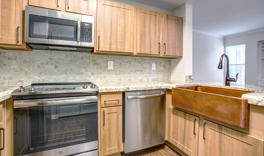 Modern kitchen with stainless-steel appliances in model home at Riata Austin in Austin, Texas