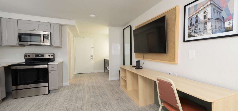 Studio Apartment with  built in desk and workspace at  Thea Apartments in Tacoma, Washington