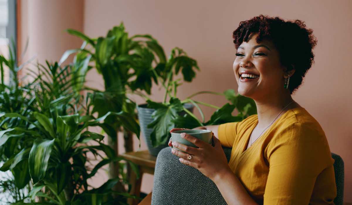 Resident drinking coffee at Casa Aliento in Oxnard, California