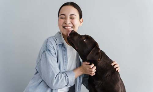 Happy resident playing with her dog at Blanton Commons in Beaverton, Oregon