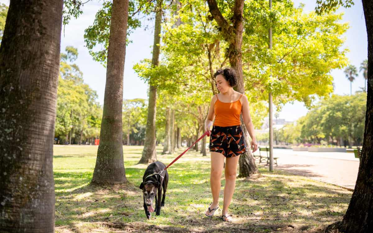 Resident walking their dog through a park near West Village Apartments in Hillsborough, North Carolina