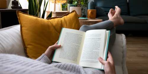 Reading at home at Edgewater at Virginia Lake in Reno, Nevada