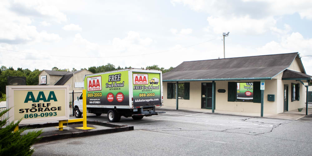 Exterior with moving truck at AAA Self Storage at N Main St in High Point, North Carolina