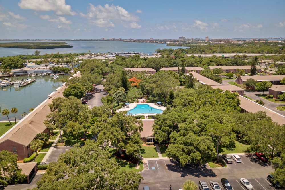 Drone shot of community view at Carlton Arms Of St. Petersburg in St Petersburg, Florida 