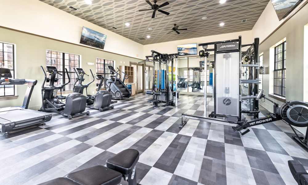 Ample exercise equipment in the fitness center at The Hawthorne in Jacksonville, Florida