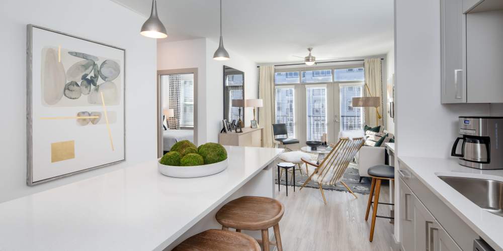 kitchen and breakfast bar in an apartment at Vine North Hills in Raleigh, North Carolina
