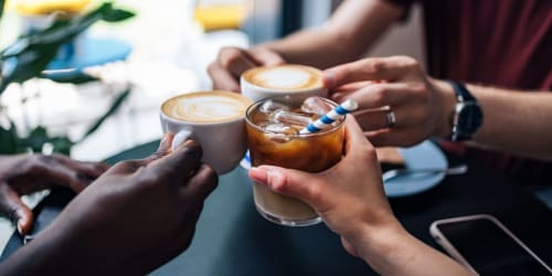 Residents drinking coffee at Hillcrest at Brookhaven in Atlanta, Georgia