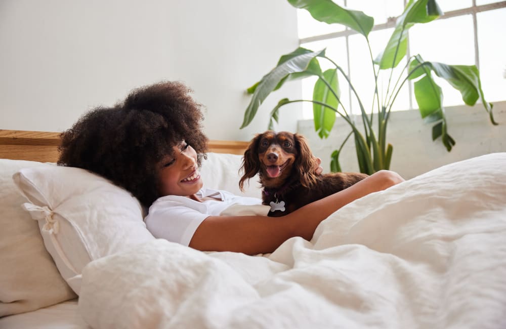 Resident relaxing in bed with her puppy at Tamarack Apartments in Santa Clara, California