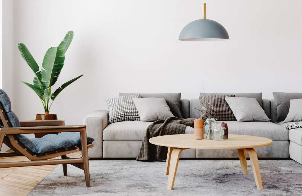 Modern furnishings in a model home's living space at Northwest Manor 1 in Pasadena, California