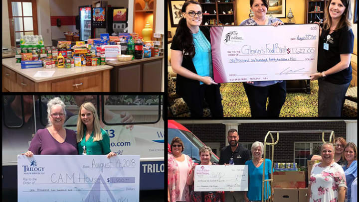 A collage showing different campuses presenting checks to charities in their communities